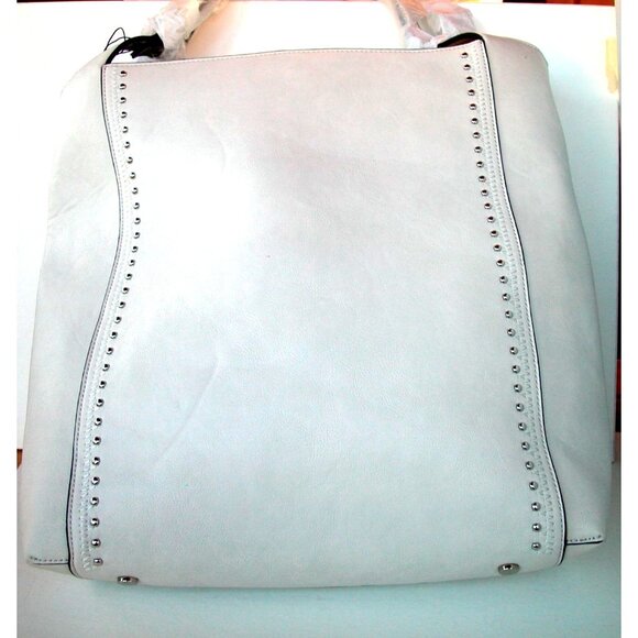 Sole Society Large White Leather Tote Bag With Studded Accents & Animal Print In - Picture 4 of 4